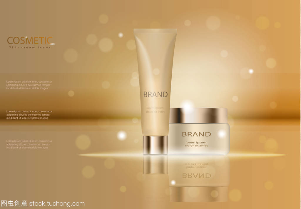 優雅的化妝品。綠松石奶油面具瓶隔離帶亮片。皮膚調色劑廣告模板、 化妝品產品海報、 保濕霜或液體瓶包裝設計。3d 矢量圖